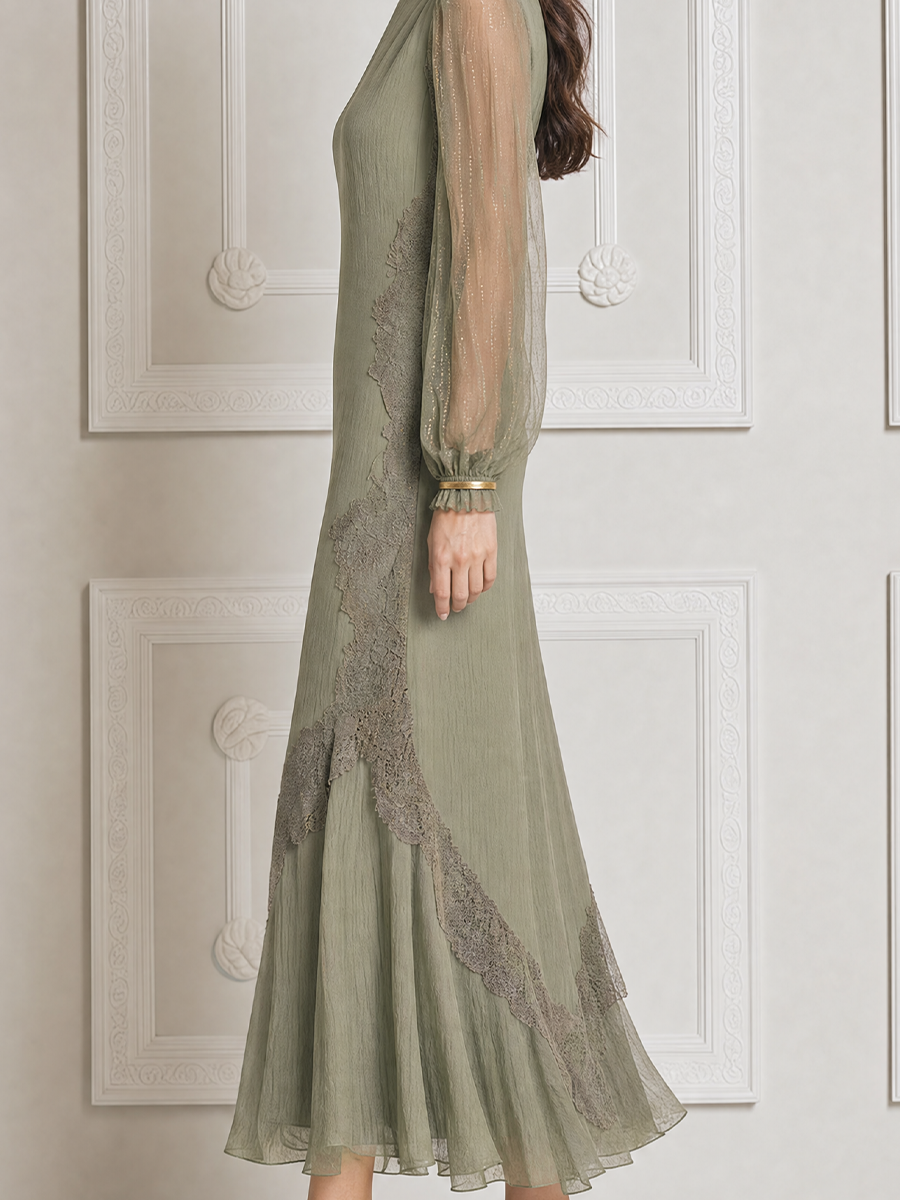 Olive Lace Fall Wedding Guest Dress Sheer Sleeve A-Line Midi Dress
