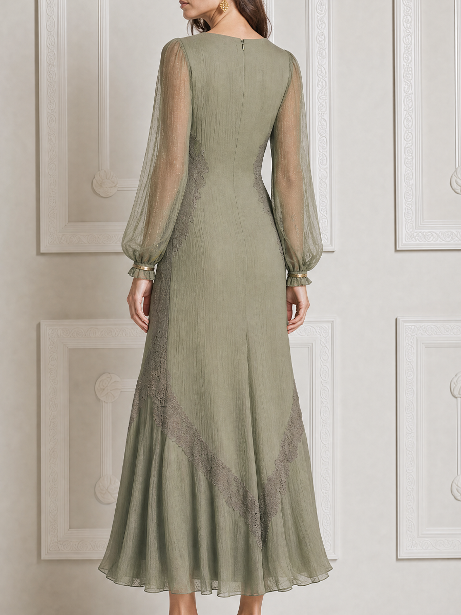 Olive Lace Fall Wedding Guest Dress Sheer Sleeve A-Line Midi Dress