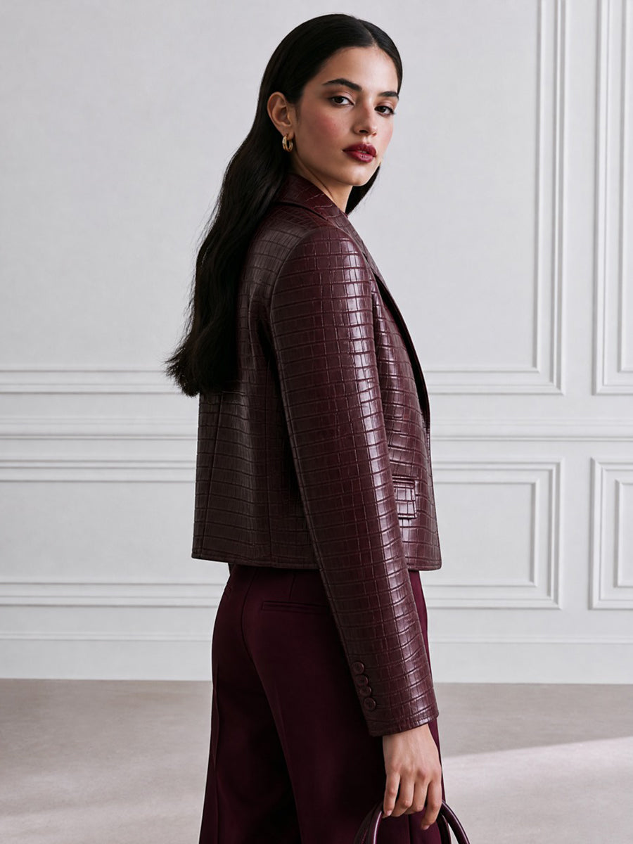 Women's Croc-Embossed Faux Leather Cropped Blazer Jacket