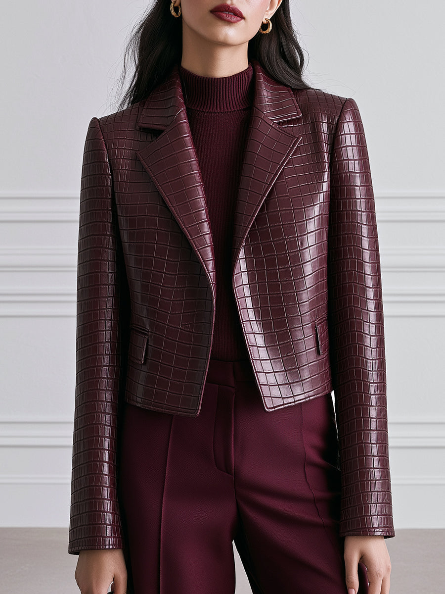 Women's Croc-Embossed Faux Leather Cropped Blazer Jacket