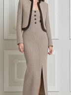 Beige Fall Fashion Textured Tweed Cropped Jacket & Slit Maxi Dress Set