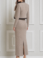 Beige Fall Fashion Textured Tweed Cropped Jacket & Slit Maxi Dress Set