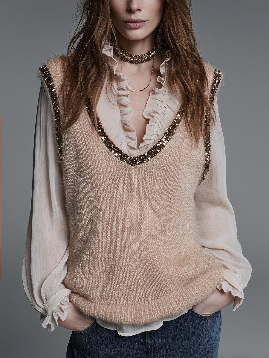 Elegant Beige Sequin Trim Knit Vest