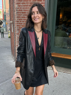 Edgy Black Faux Leather Burgundy-Lapel Leopard-Cuff Blazer