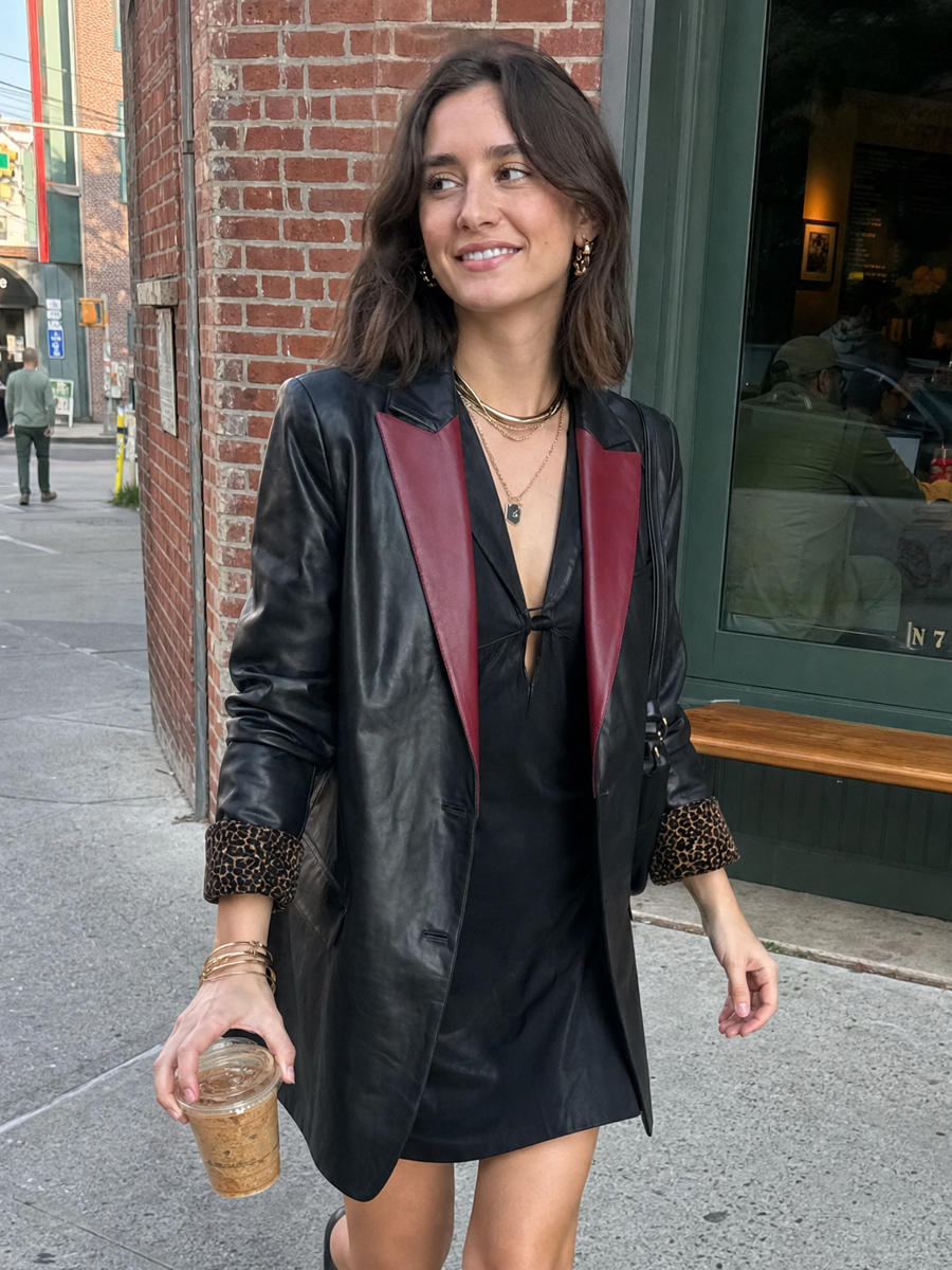 Edgy Black Faux Leather Burgundy-Lapel Leopard-Cuff Blazer
