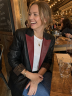 Edgy Black Faux Leather Burgundy-Lapel Leopard-Cuff Blazer