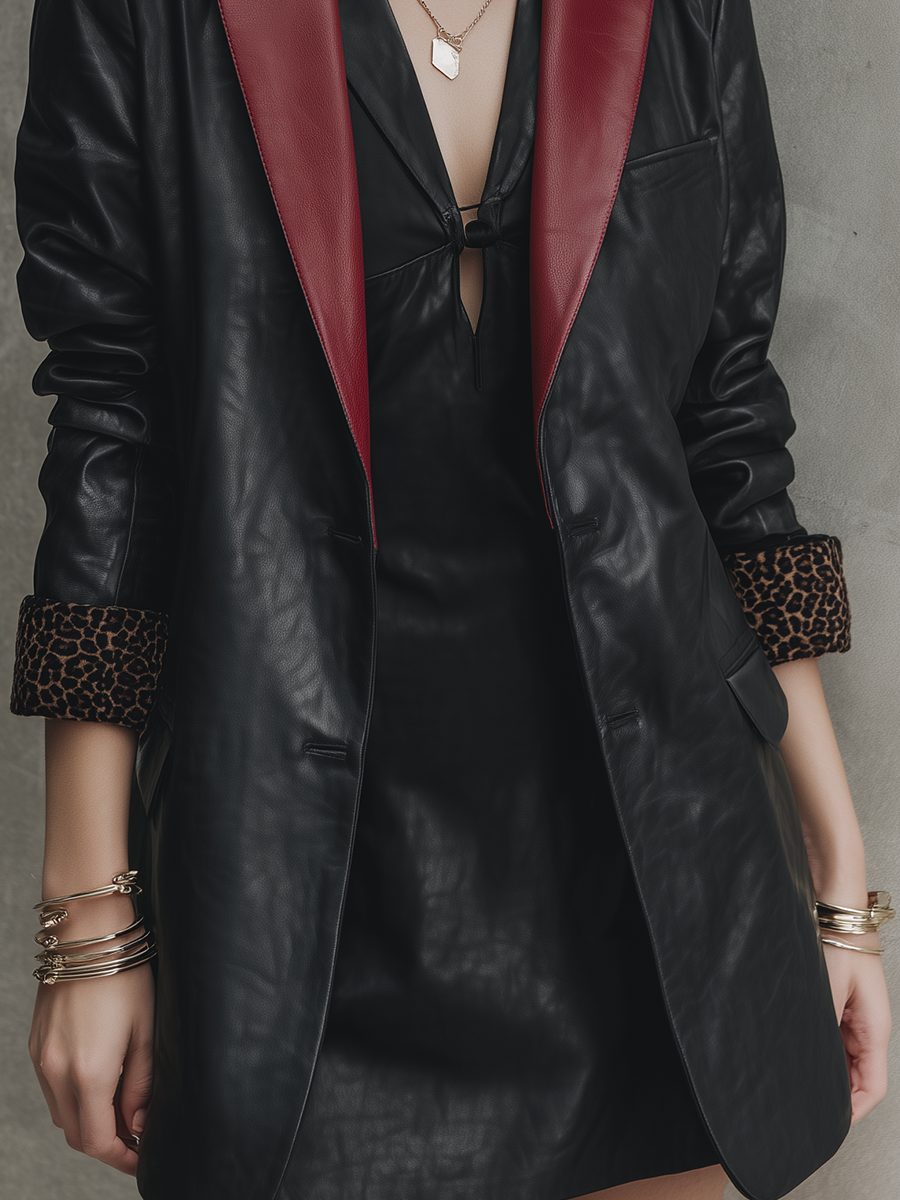 Edgy Black Faux Leather Burgundy-Lapel Leopard-Cuff Blazer