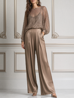 Champagne Fall Fashion Lace Blouse & Satin Wide Leg Pants Set
