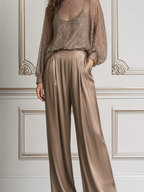 Champagne Fall Fashion Lace Blouse & Satin Wide Leg Pants Set