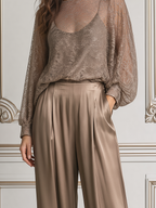 Champagne Fall Fashion Lace Blouse & Satin Wide Leg Pants Set