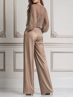 Champagne Fall Fashion Lace Blouse & Satin Wide Leg Pants Set