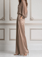 Champagne Fall Fashion Lace Blouse & Satin Wide Leg Pants Set