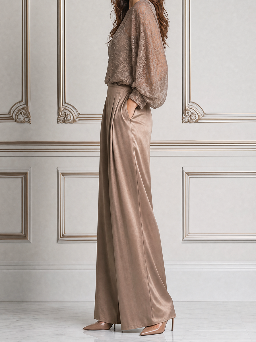 Champagne Fall Fashion Lace Blouse & Satin Wide Leg Pants Set