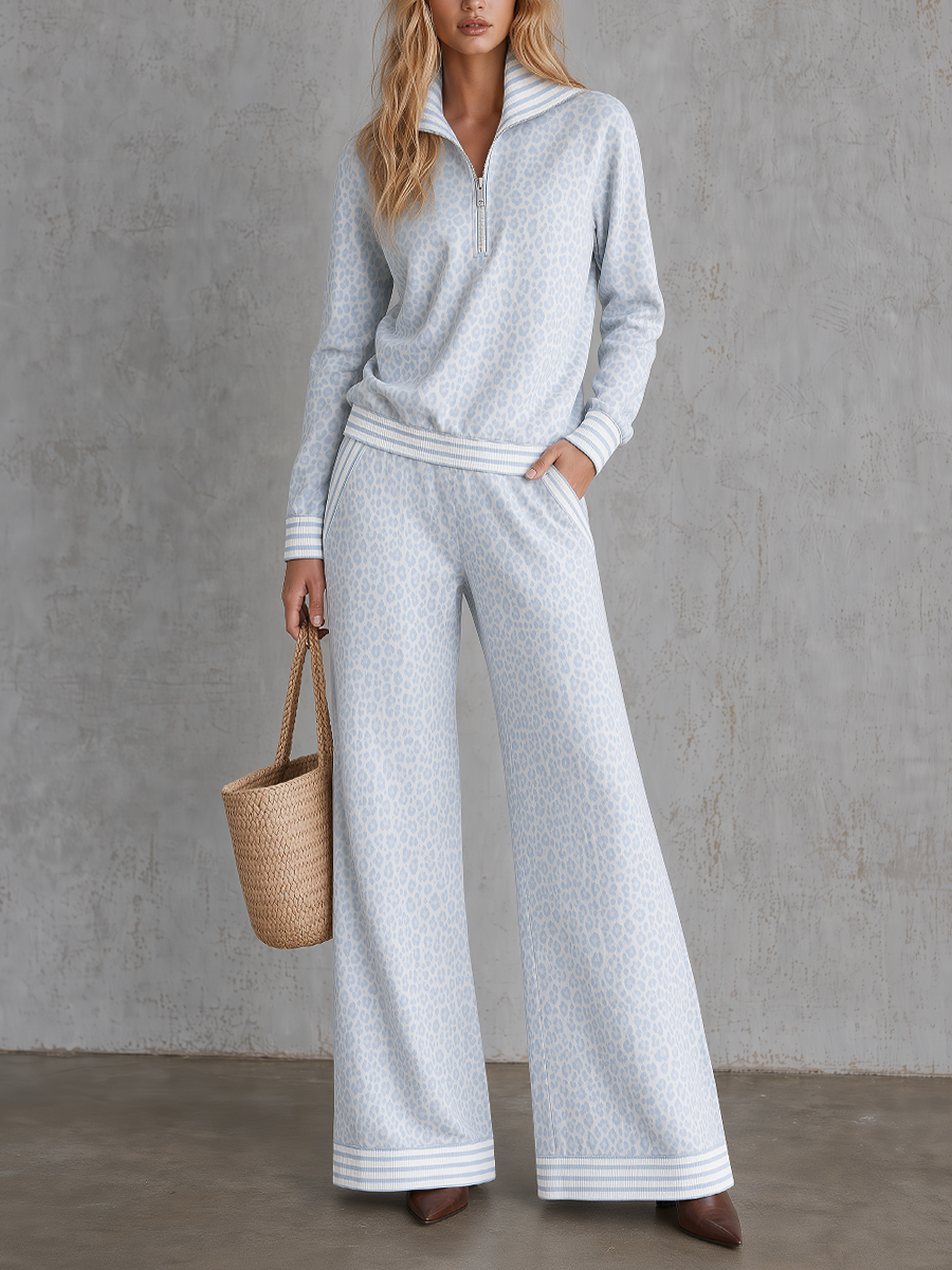 Coastal Luxe Leopard Half-Zip Top & Wide Leg Pants Set