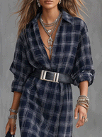Modern Soft Woven A-Line Deep Navy Plaid Belted Maxi Dress