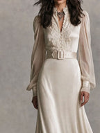 Vintage Lace Trim Satin Belted Long Sleeve Guest Maxi Dress