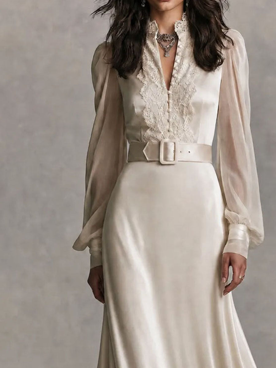 Vintage Lace Trim Satin Belted Long Sleeve Guest Maxi Dress