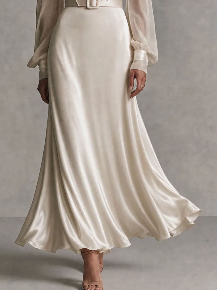Vintage Lace Trim Satin Belted Long Sleeve Guest Maxi Dress