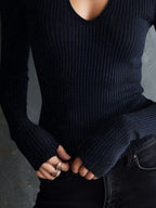 Quiet Luxury Sparkle Rib Knit Cutout Front Thumb Cuff Sweater