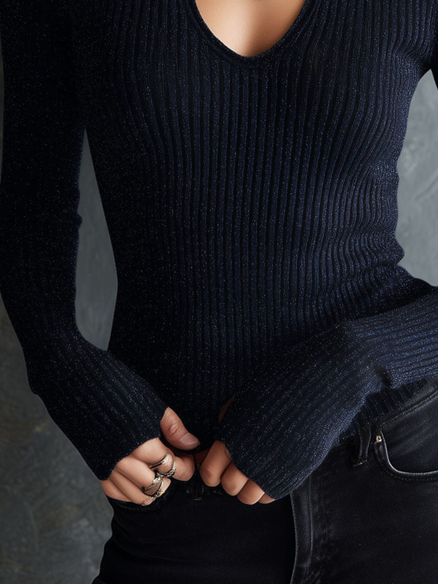 Quiet Luxury Sparkle Rib Knit Cutout Front Thumb Cuff Sweater