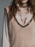 Elegant Beige Sequin Trim Knit Vest