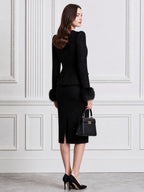 Elegant Faux Fur Cuff Tweed Peplum Jacket & Pencil Skirt Suit Set