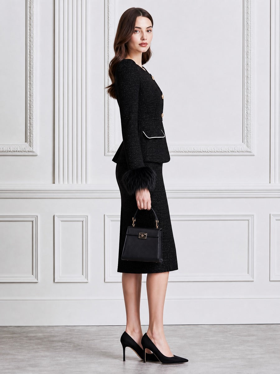 Elegant Faux Fur Cuff Tweed Peplum Jacket & Pencil Skirt Suit Set