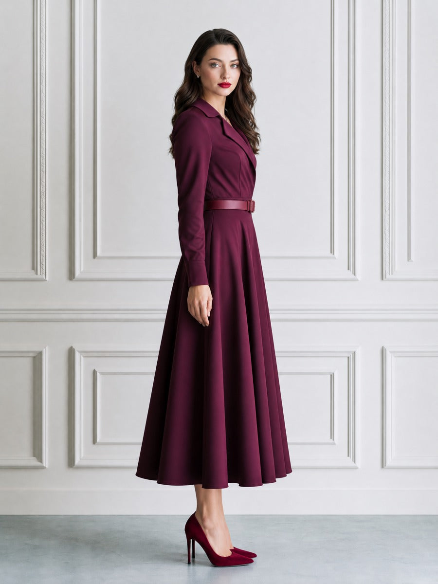 Elegant Notched-Lapel Belted Fit-and-Flare Midi Dress
