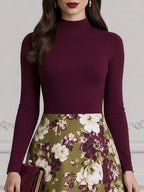 Burgundy Mock Neck Top & Olive Floral A-Line Midi Skirt Set