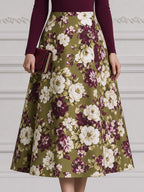 Burgundy Mock Neck Top & Olive Floral A-Line Midi Skirt Set