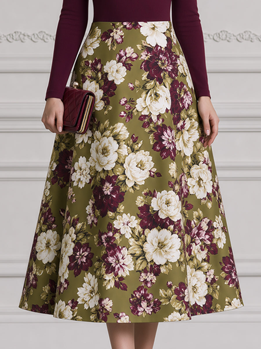 Burgundy Mock Neck Top & Olive Floral A-Line Midi Skirt Set