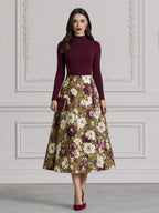 Burgundy Mock Neck Top & Olive Floral A-Line Midi Skirt Set