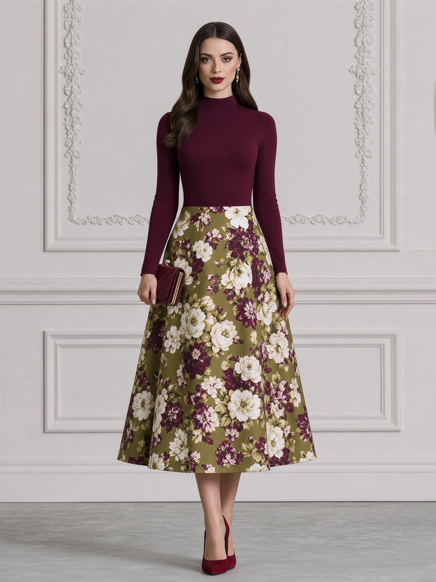 Burgundy Mock Neck Top & Olive Floral A-Line Midi Skirt Set