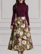 Burgundy Mock Neck Top & Olive Floral A-Line Midi Skirt Set