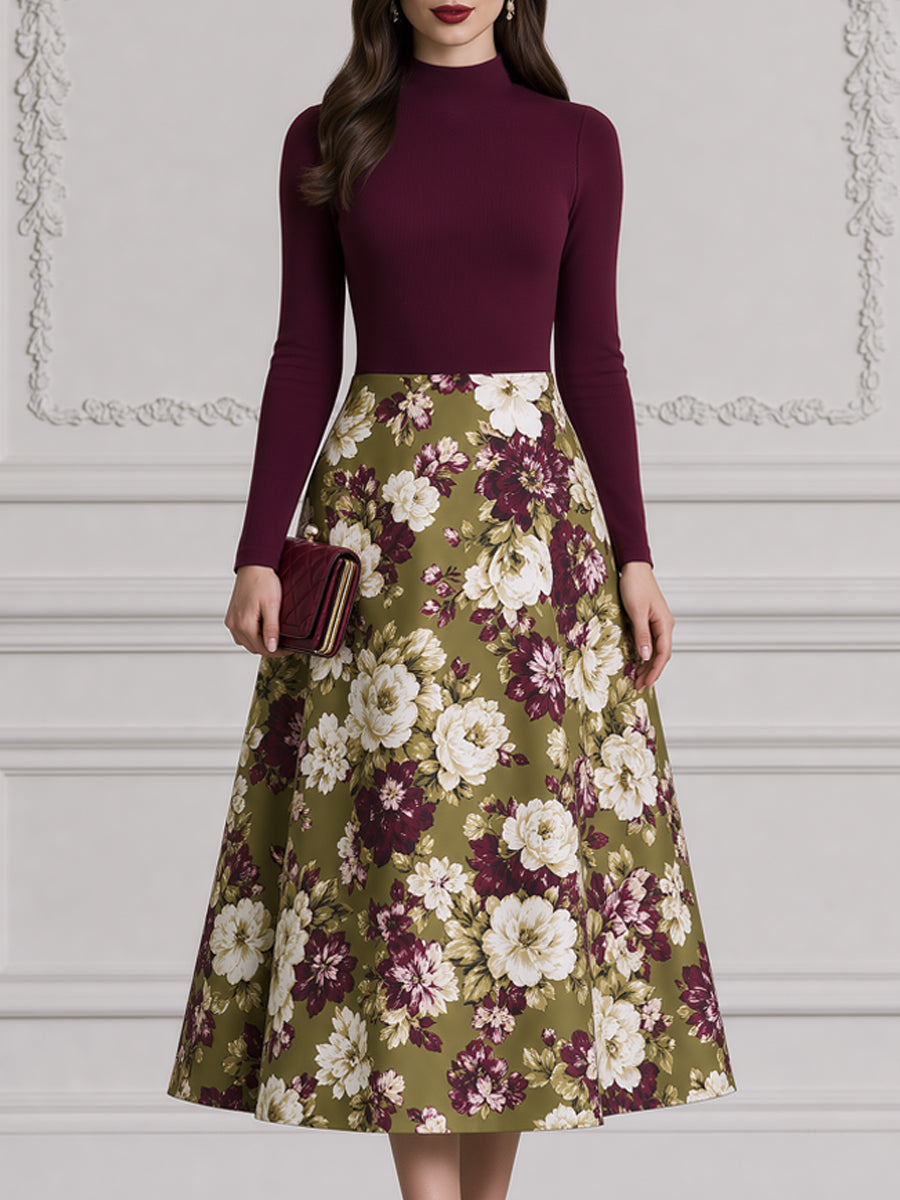 Burgundy Mock Neck Top & Olive Floral A-Line Midi Skirt Set