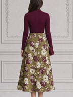 Burgundy Mock Neck Top & Olive Floral A-Line Midi Skirt Set