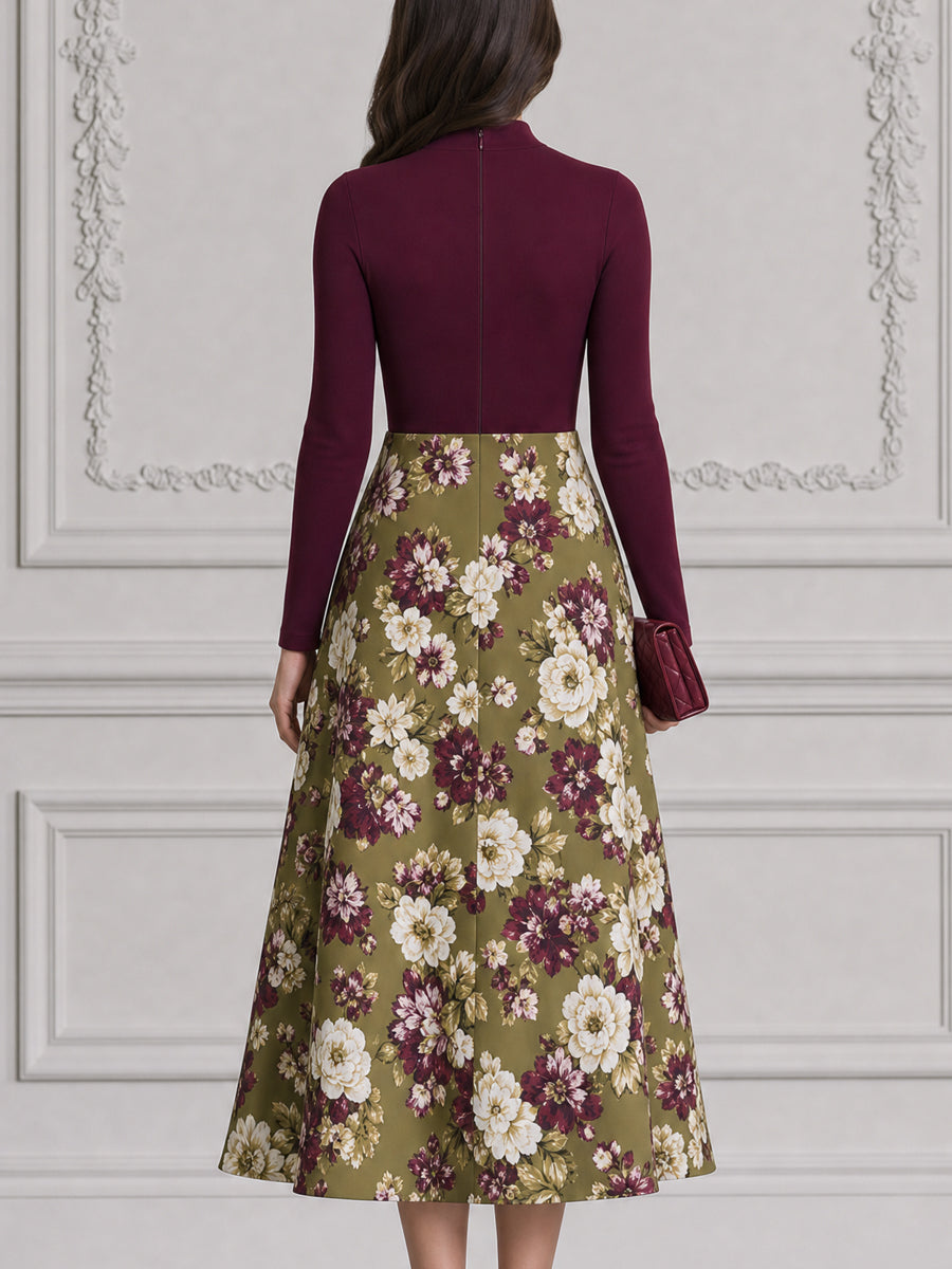 Burgundy Mock Neck Top & Olive Floral A-Line Midi Skirt Set