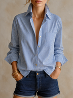Parisian Chic Blue Striped Button Down Shirt Top