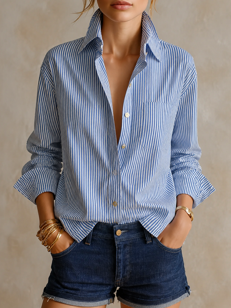 Parisian Chic Blue Striped Button Down Shirt Top