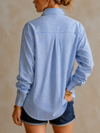 Parisian Chic Blue Striped Button Down Shirt Top