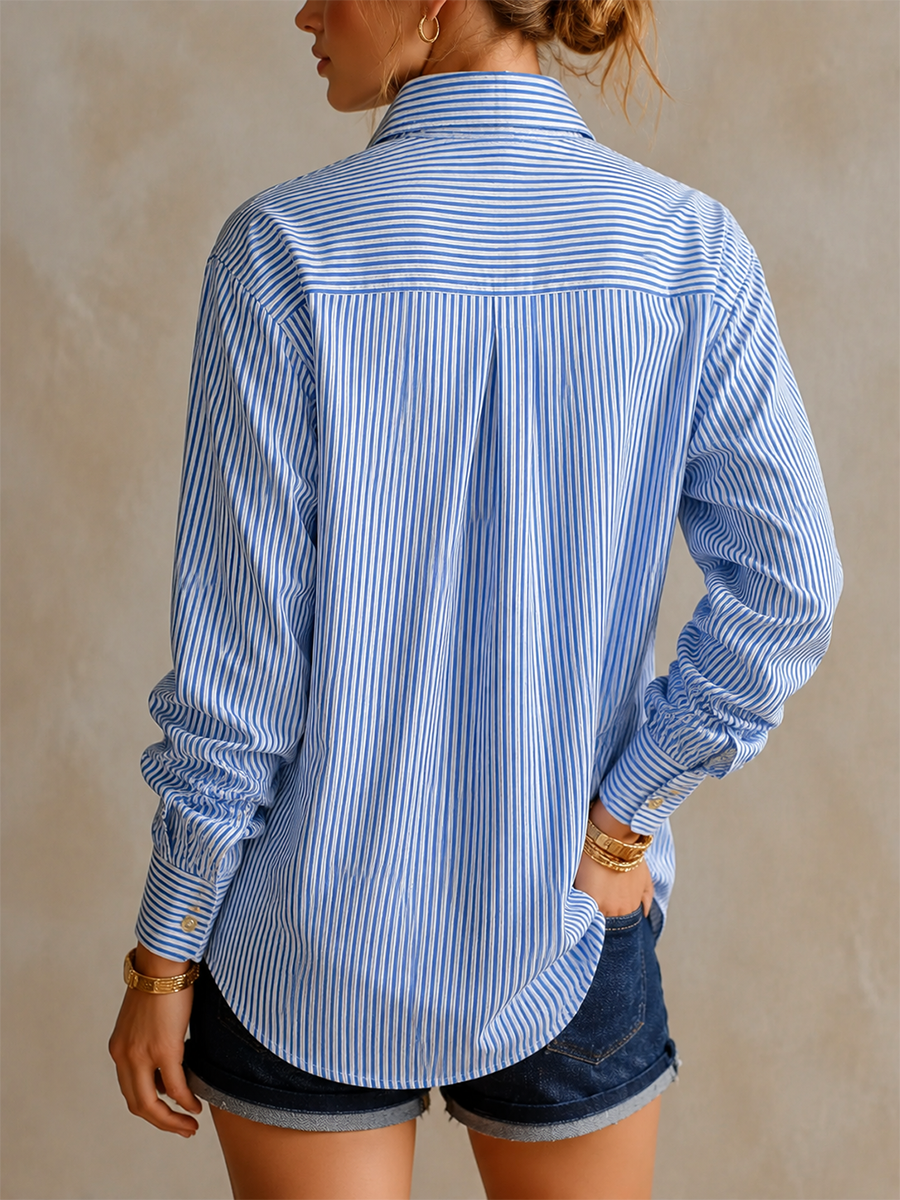 Parisian Chic Blue Striped Button Down Shirt Top