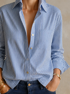 Parisian Chic Blue Striped Button Down Shirt Top