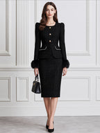 Elegant Faux Fur Cuff Tweed Peplum Jacket & Pencil Skirt Suit Set