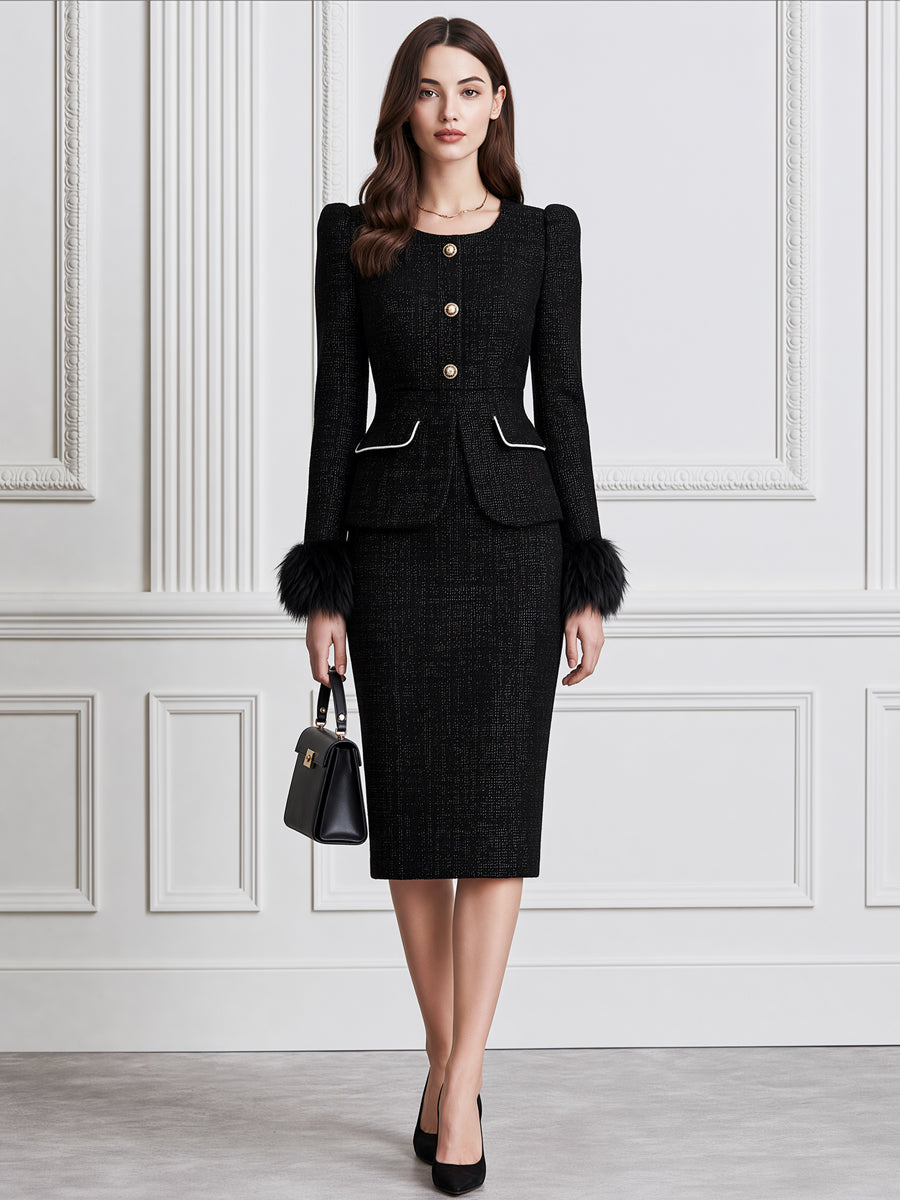 Elegant Faux Fur Cuff Tweed Peplum Jacket & Pencil Skirt Suit Set