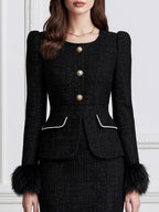 Elegant Faux Fur Cuff Tweed Peplum Jacket & Pencil Skirt Suit Set