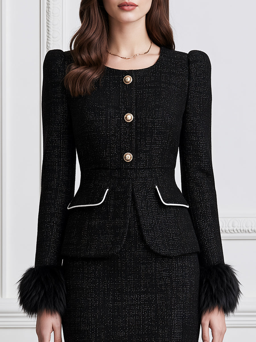 Elegant Faux Fur Cuff Tweed Peplum Jacket & Pencil Skirt Suit Set
