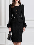 Elegant Faux Fur Cuff Tweed Peplum Jacket & Pencil Skirt Suit Set