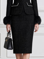 Elegant Faux Fur Cuff Tweed Peplum Jacket & Pencil Skirt Suit Set