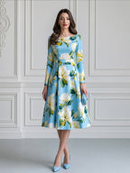 Elegant Magnolia Floral Print Belted A-Line Midi Dress