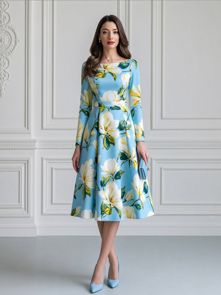 Elegant Magnolia Floral Print Belted A-Line Midi Dress